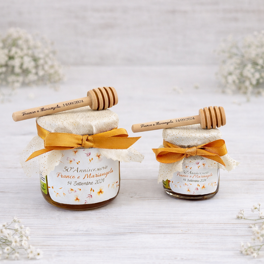 Bomboniera Matrimonio Barattolino Miele millefiori artigianale 50 gr-140gr-250 gr, color dorato e rosa etichetta personalizzabile