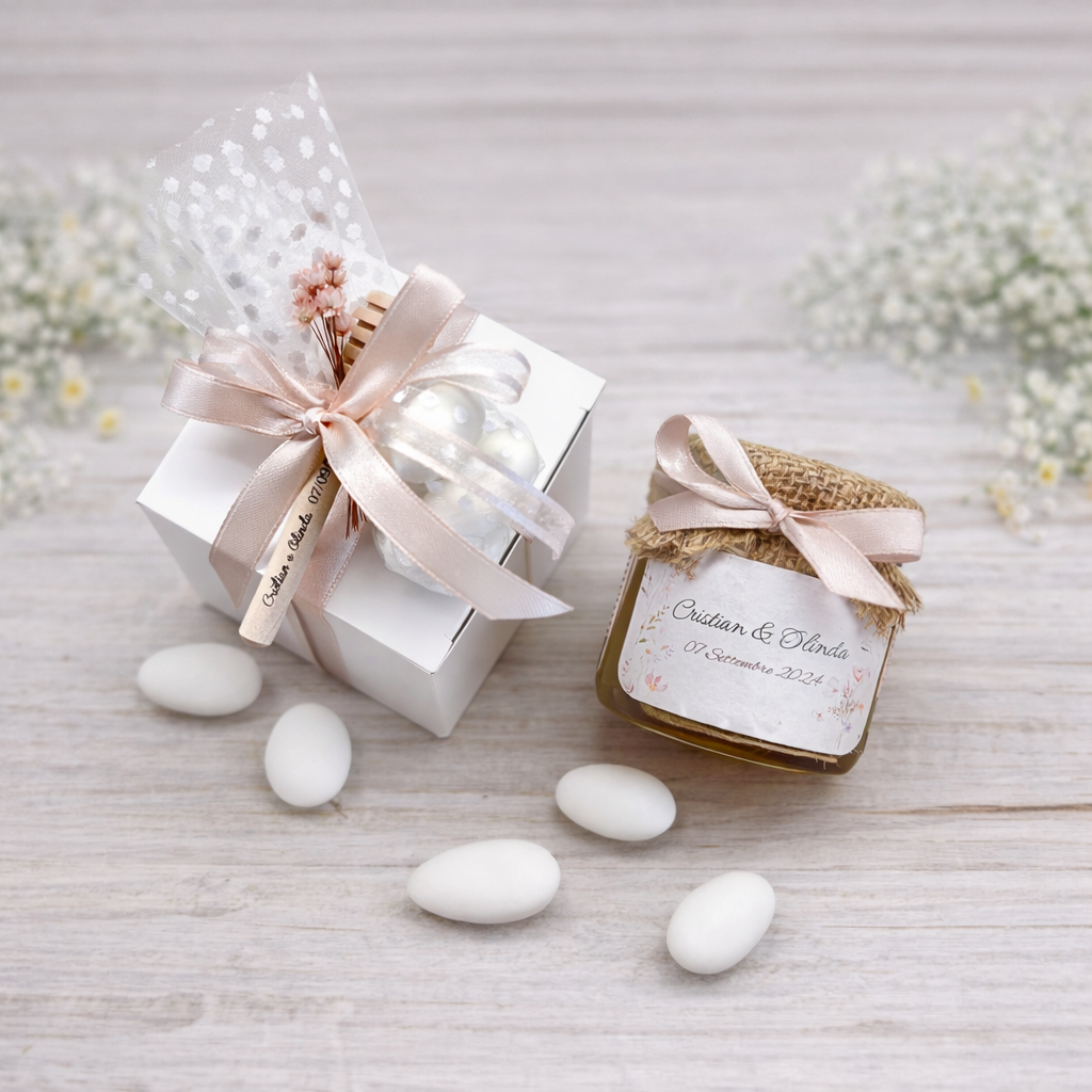 Bomboniera Matrimonio Barattolino Miele millefiori artigianale 50 gr-140gr-250 gr, color bianco e rosa antico etichetta personalizzabile