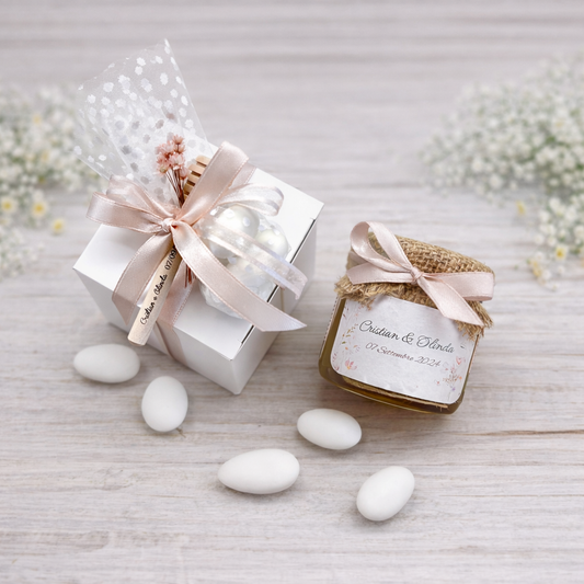Bomboniera Matrimonio Barattolino Miele millefiori artigianale 50 gr-140gr-250 gr, color bianco e rosa antico etichetta personalizzabile