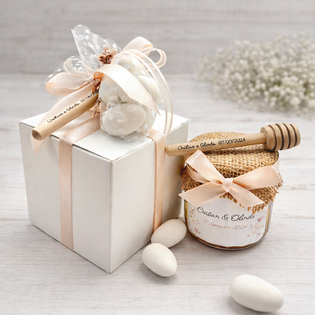 Bomboniera Matrimonio Barattolino Miele millefiori artigianale 50 gr-140gr-250 gr, color bianco e rosa antico etichetta personalizzabile