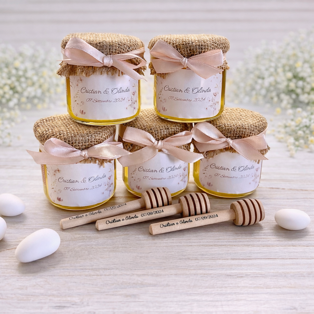 Bomboniera Matrimonio Barattolino Miele millefiori artigianale 50 gr-140gr-250 gr, color bianco e rosa antico etichetta personalizzabile
