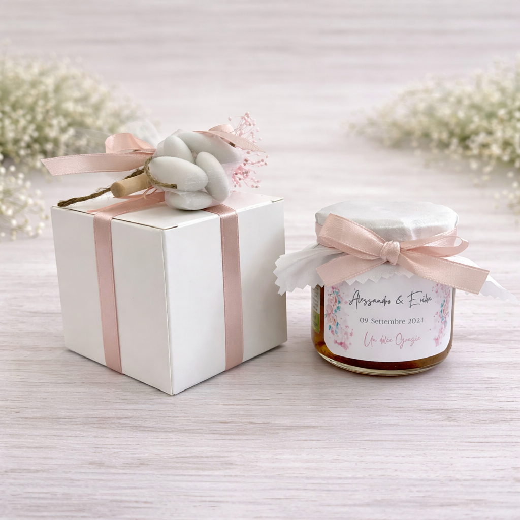 Bomboniera Matrimonio Barattolino Miele millefiori artigianale 50 gr-140gr-250 gr, color bianco e rosa antico etichetta personalizzabile
