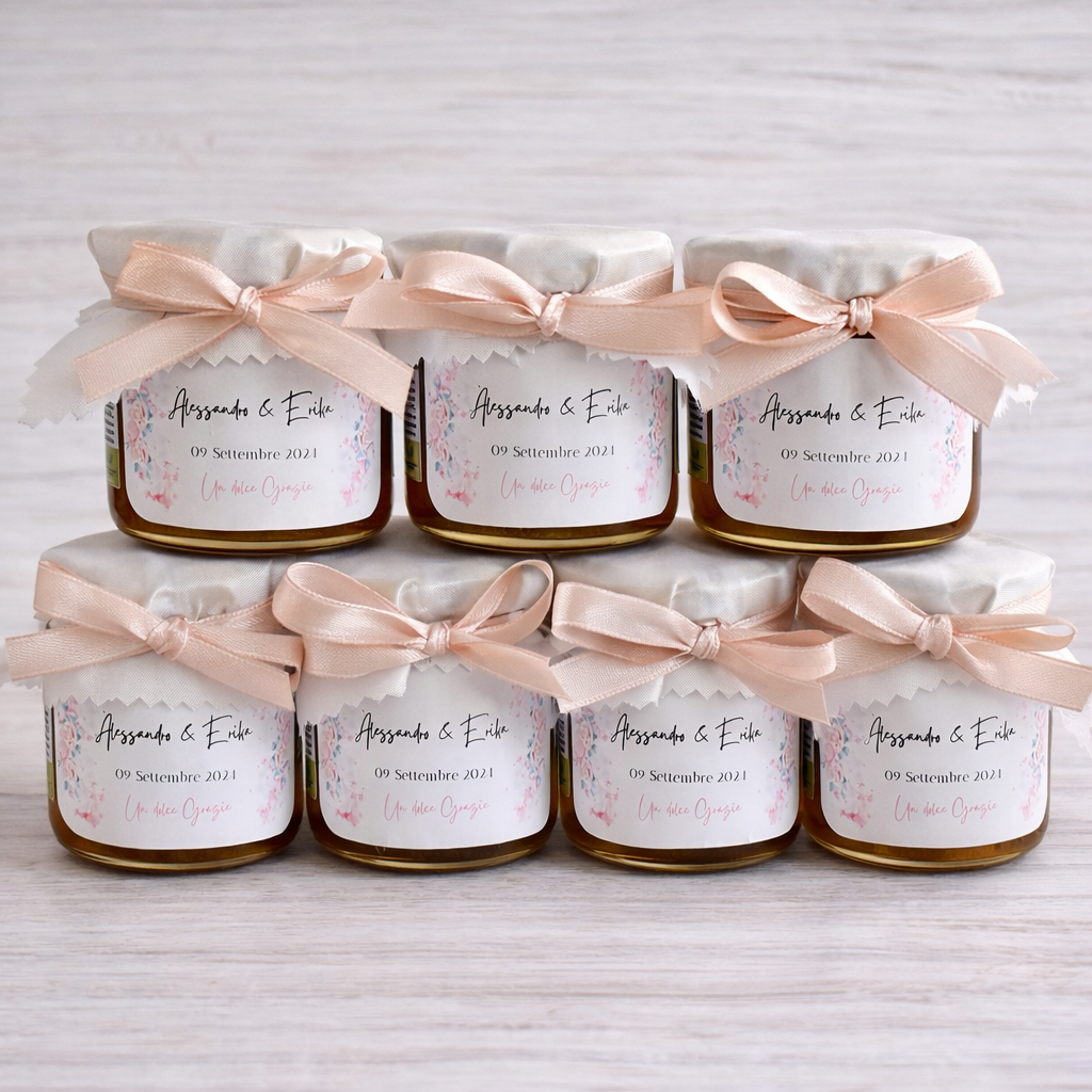 Bomboniera Matrimonio Barattolino Miele millefiori artigianale 50 gr-140gr-250 gr, color bianco e rosa antico etichetta personalizzabile