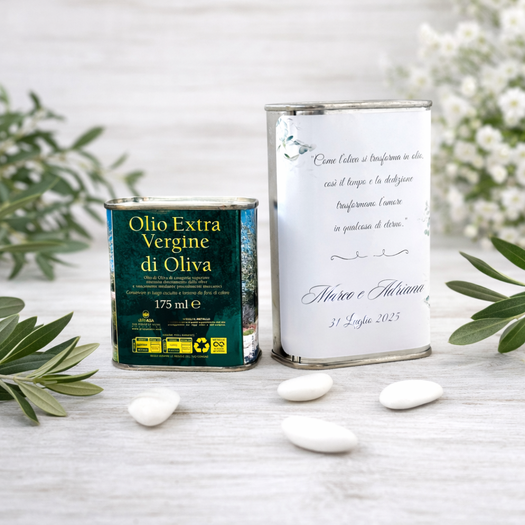 Bomboniera Cofanetto con Latta di Olio EVO Pugliese da 175ml o 250ml con etichetta personalizzabile con confetti