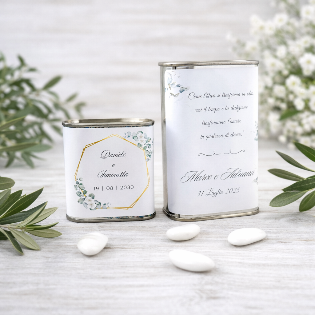 Bomboniera Cofanetto con Latta di Olio EVO Pugliese da 175ml o 250ml con etichetta personalizzabile con confetti