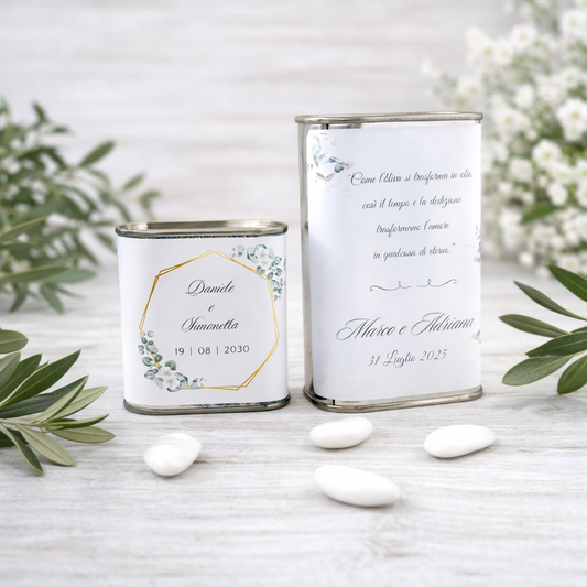Bomboniera Cofanetto con Latta di Olio EVO Pugliese da 175ml o 250ml con etichetta personalizzabile con confetti