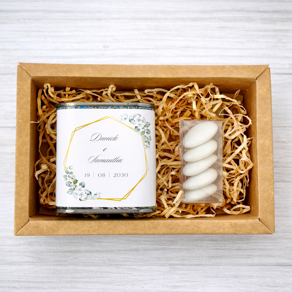 Bomboniera Cofanetto con Latta di Olio EVO Pugliese da 175ml o 250ml con etichetta personalizzabile con confetti