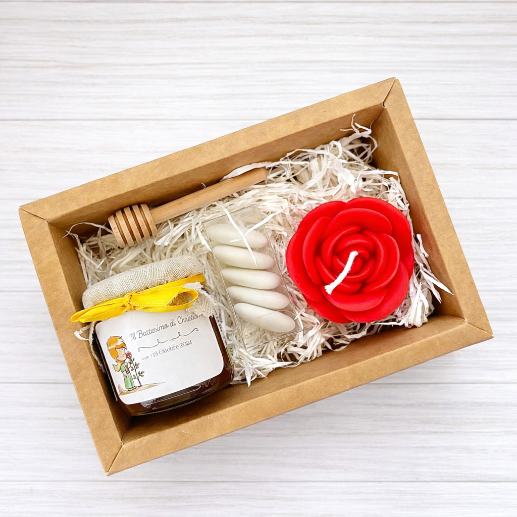 Bomboniera Battesimo cofanetto a tema Piccolo Principe con Miele 140 gr e Candela nuvola profumata o cialde brucia essenza