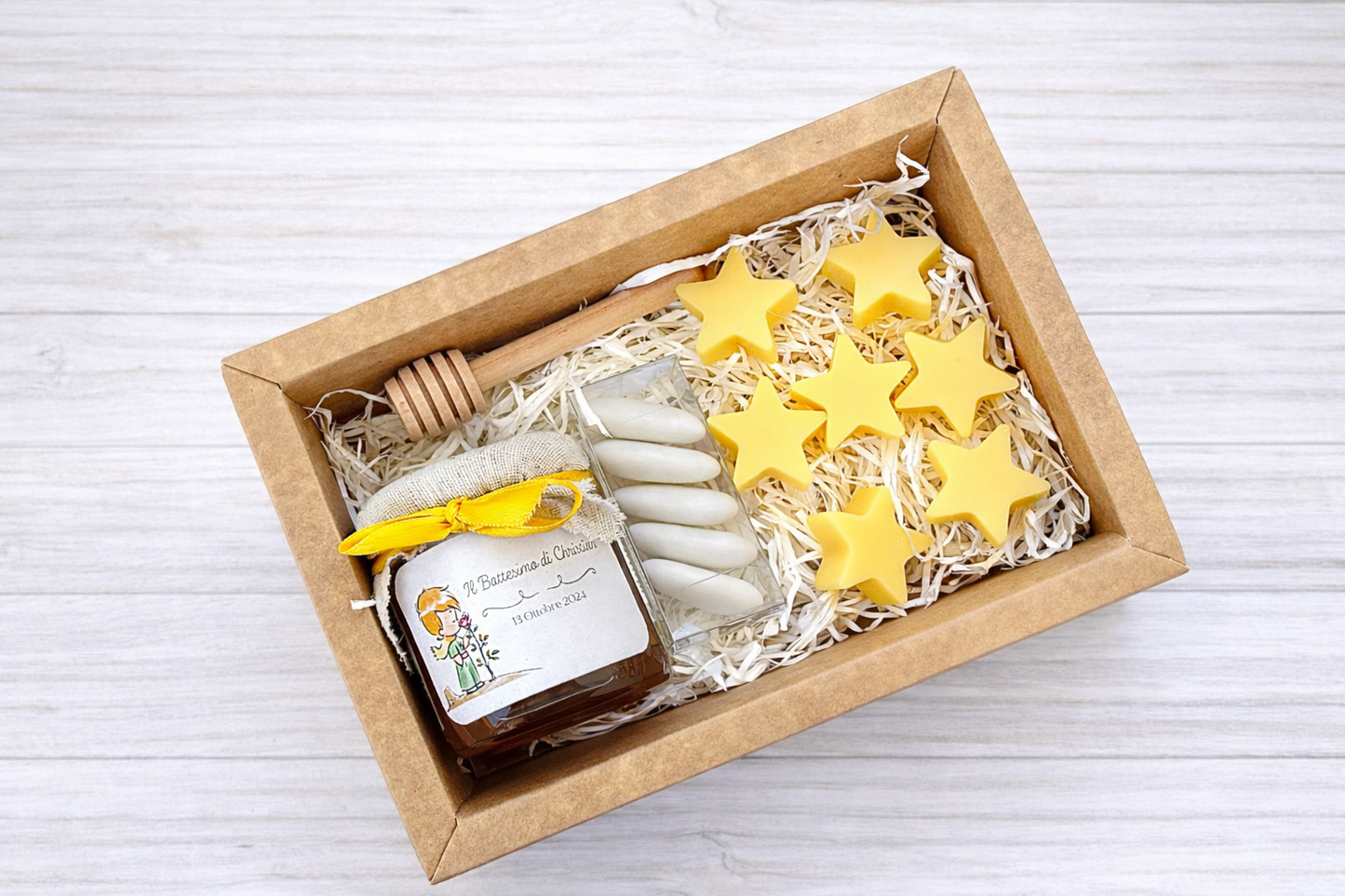 Bomboniera Battesimo cofanetto a tema Piccolo Principe con Miele 140 gr e Candela nuvola profumata o cialde brucia essenza