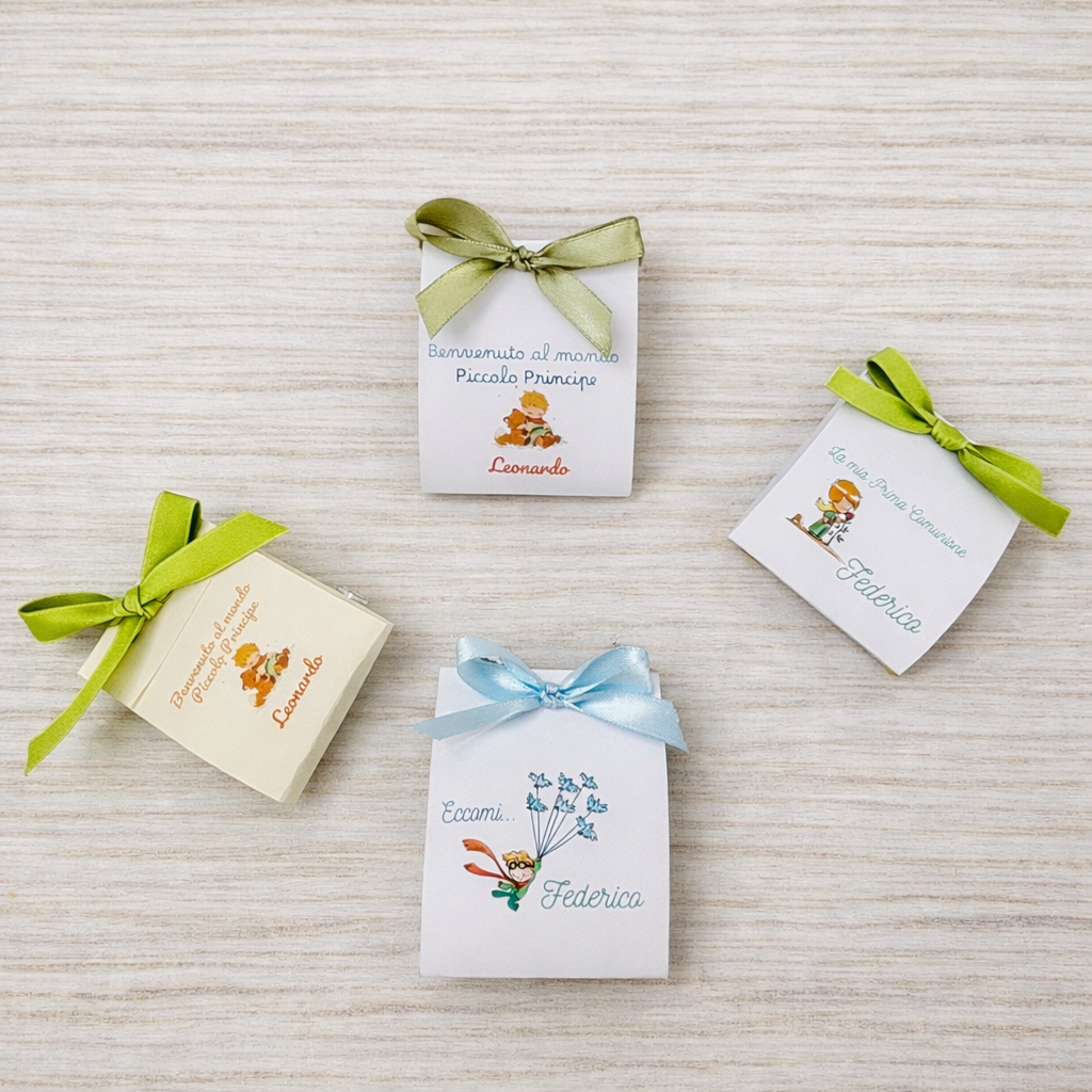 1 tulle sweets bag with customizable baby tag for birth and baptism, light blue sweets