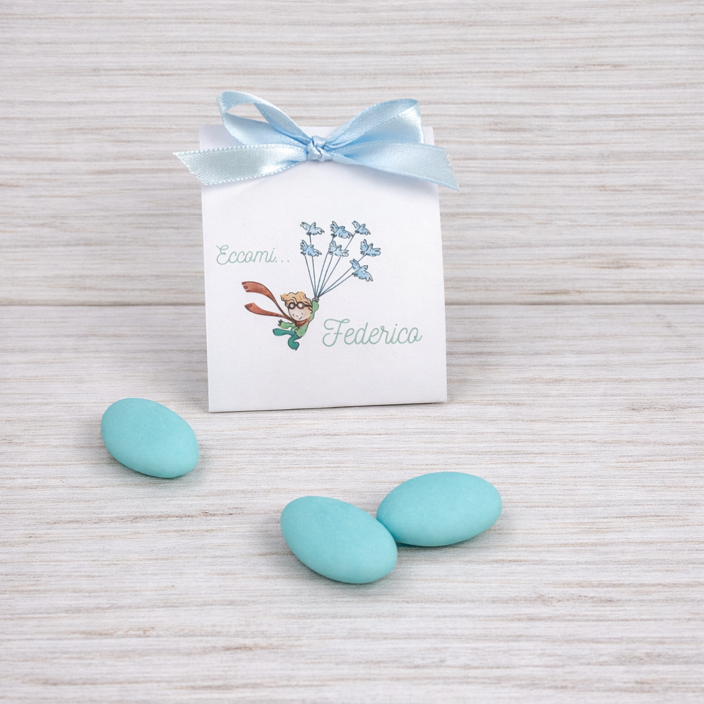 1 tulle sweets bag with customizable baby tag for birth and baptism, light blue sweets