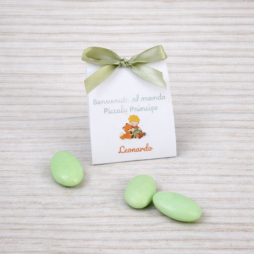 1 tulle sweets bag with customizable baby tag for birth and baptism, light blue sweets