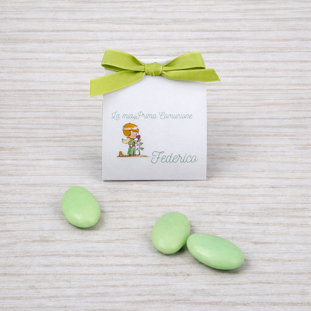 1 tulle sweets bag with customizable baby tag for birth and baptism, light blue sweets