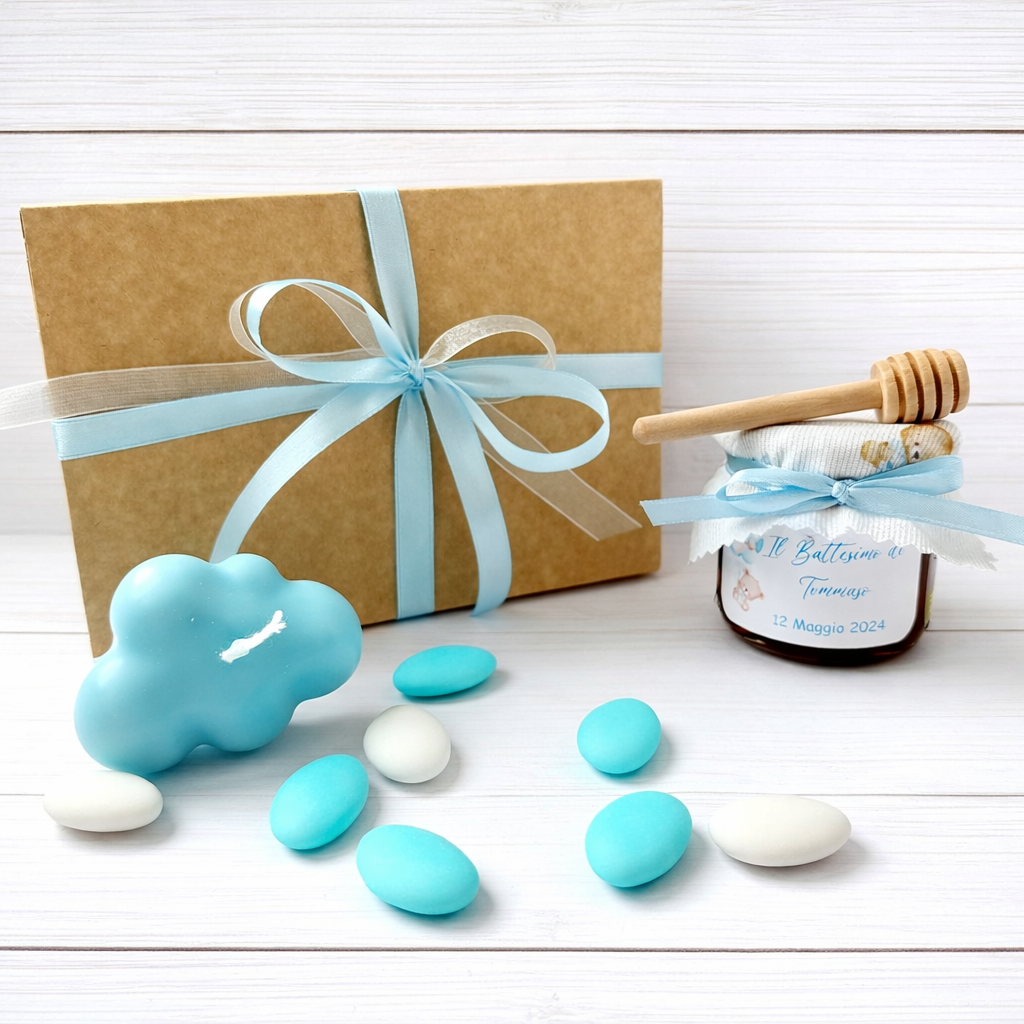 Coffret baptême avec 140g de miel et bougie parfumée nuage
