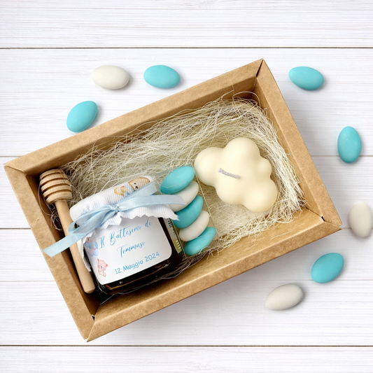 Coffret baptême avec 140g de miel et bougie parfumée nuage