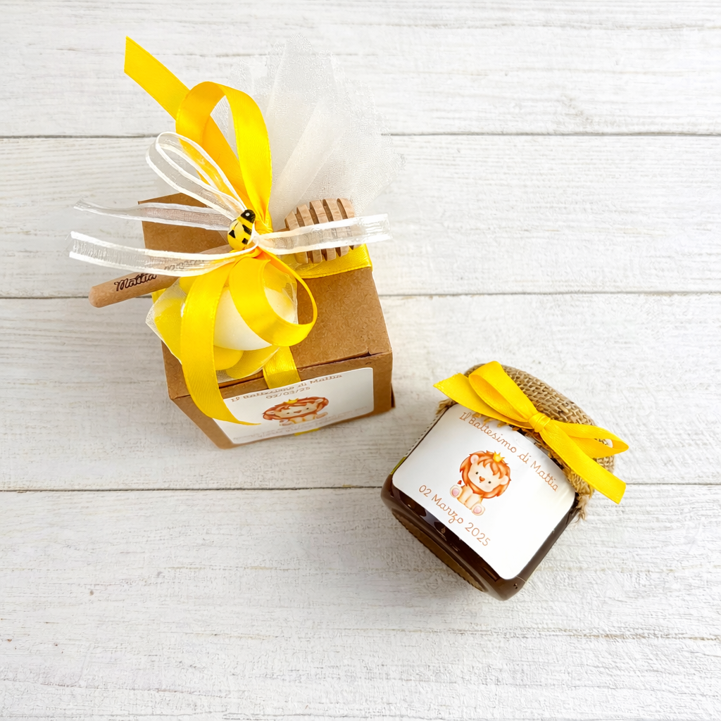 Bonbonnières Baptême Bébé PETIT PRINCE Pot de miel de fleurs sauvages artisanal 50g - 140g - 250g, étiquette personnalisable bleu clair