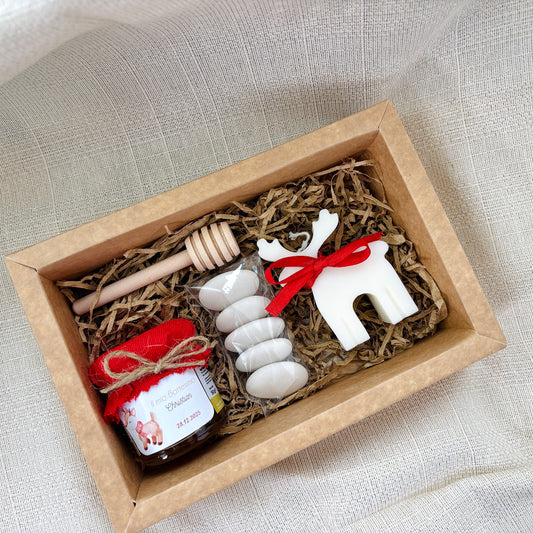 Baptism favor box with 140 gr honey and scented cloud candle