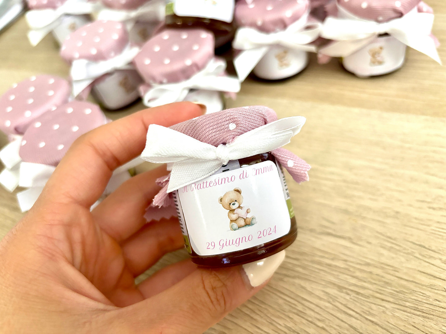 Bonbonnières de baptême pour bébé fille Pot de miel de fleurs sauvages fabriqué à la main 50gr -140gr- 250gr sur le thème de l'ours en peluche