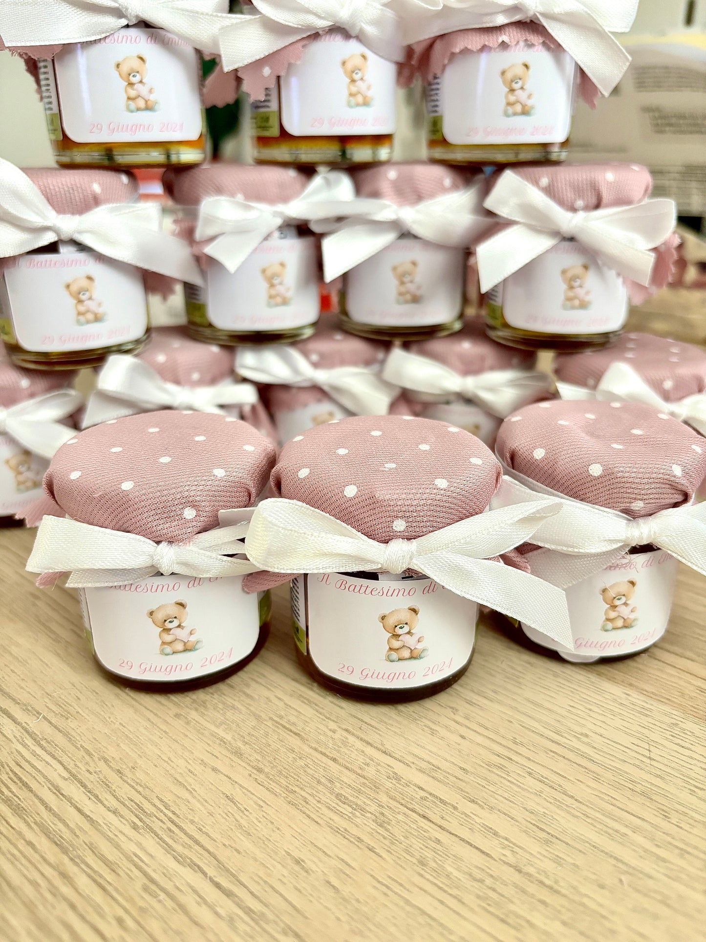 Bonbonnières de baptême pour bébé fille Pot de miel de fleurs sauvages fabriqué à la main 50gr -140gr- 250gr sur le thème de l'ours en peluche