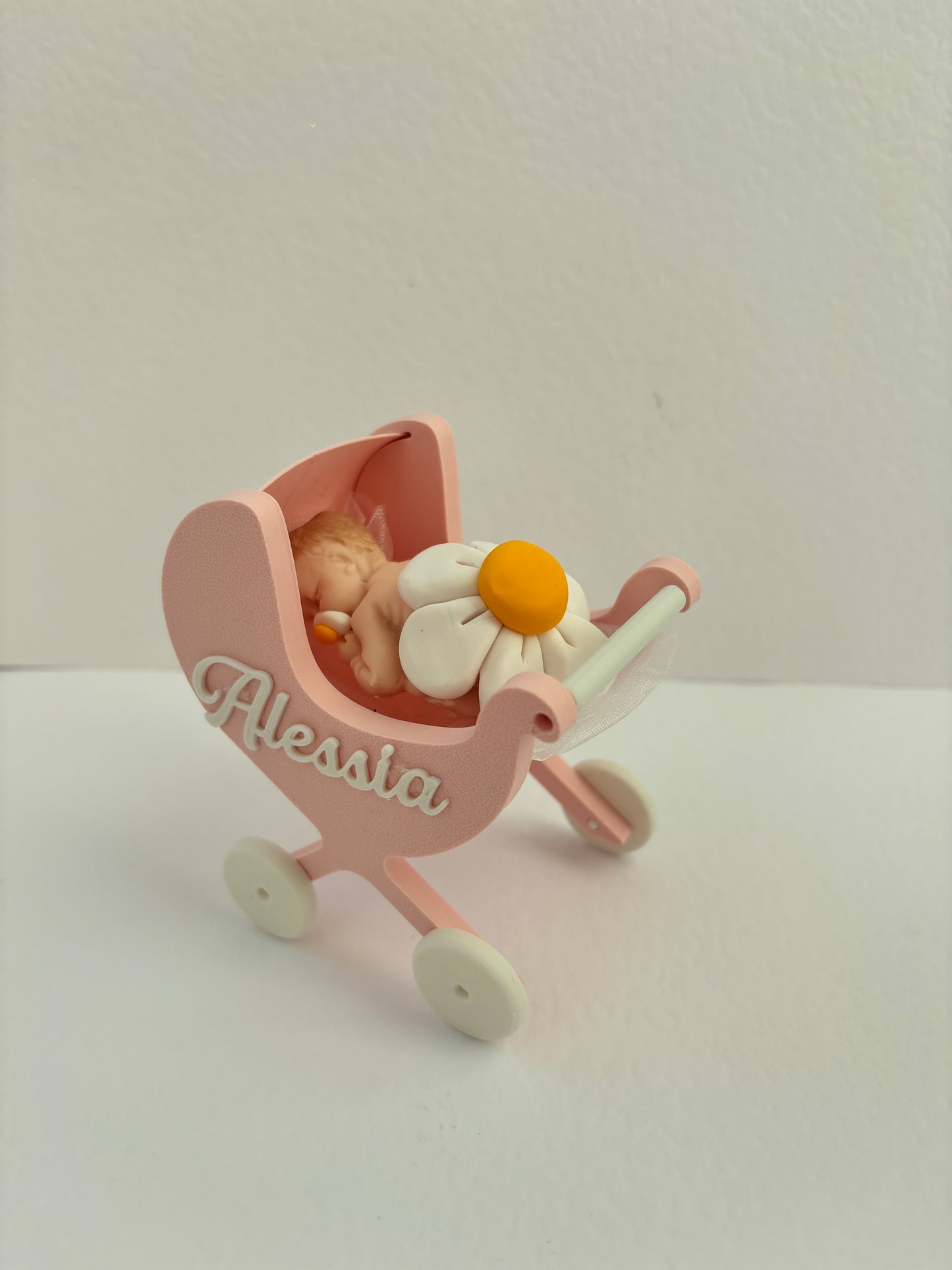 Bonbonnière baptême fille/bébé en fimo rose ou bleu clair dans le landau