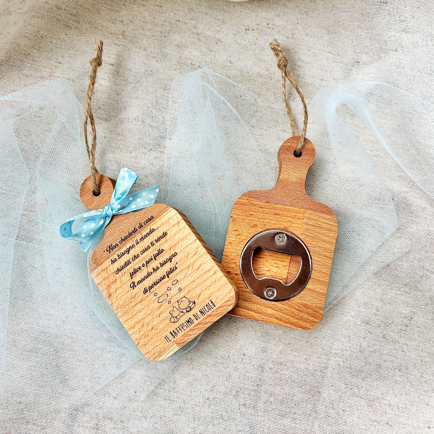 Baptism Favor Mini Bottle Opener in Beech Wood with Little Prince Theme