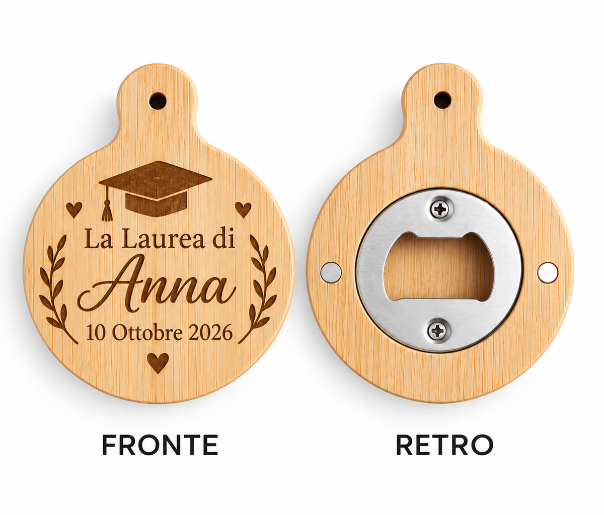 Apribottiglie in legno di Bambù con calamita e  incisione tema LAUREA (8cm x 6cm)