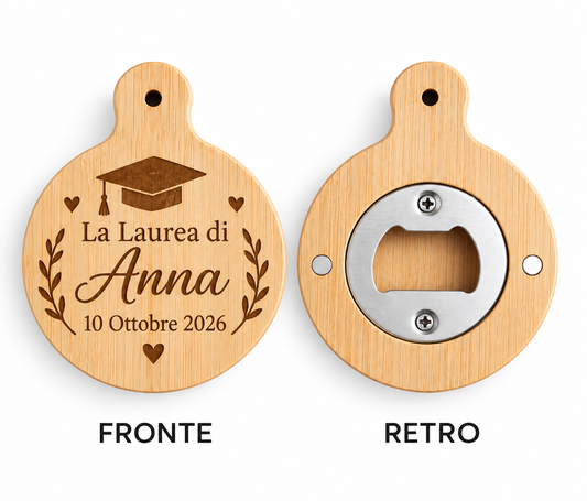 Apribottiglie in legno di Bambù con calamita e  incisione tema LAUREA (8cm x 6cm)
