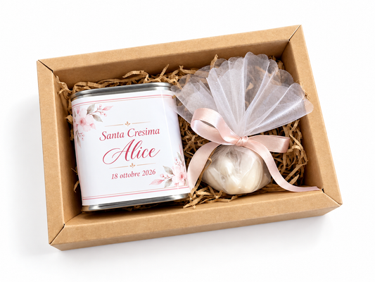 Bomboniera Cofanetto con Latta di Olio EVO Pugliese da 175ml o 250ml con etichetta personalizzabile con confetti