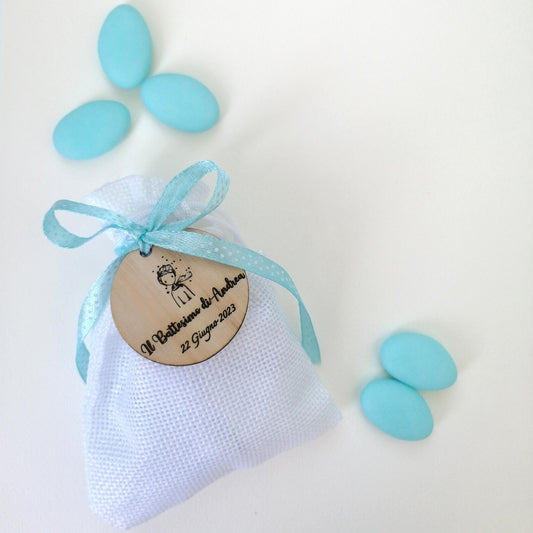 Confetti bag for Birth and Baptism with personalized wooden tag, handcrafted Little Prince favor