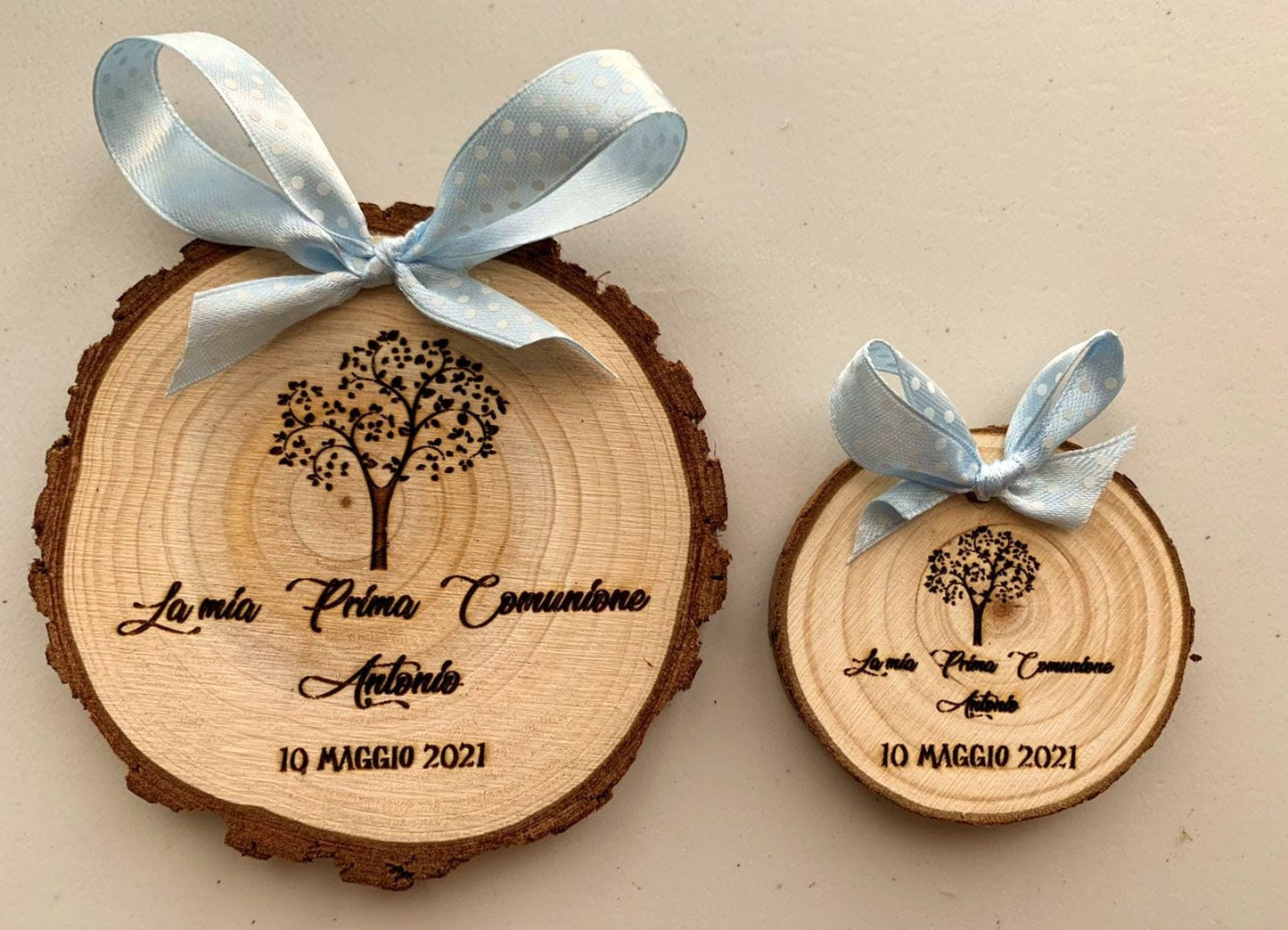 WOODEN log for FIRST COMMUNION customizable wedding favor diameter 10 cm