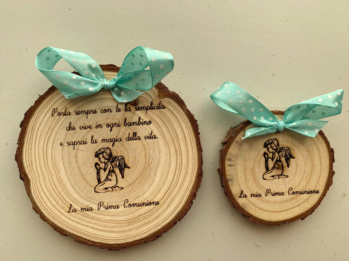 WOODEN log for FIRST COMMUNION customizable wedding favor diameter 10 cm