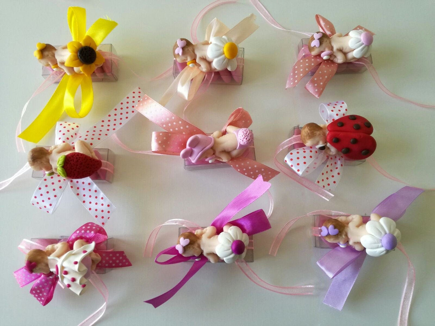 Baptism and Birth favors for girls in spring fimo, ladybug, strawberry, sunflower