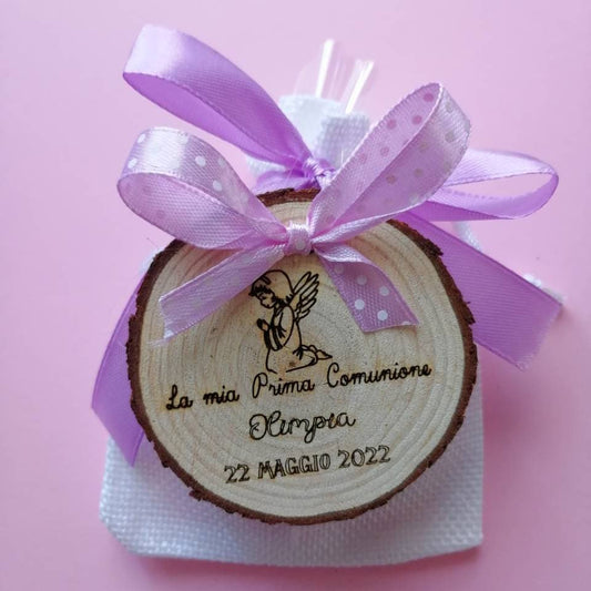 Faveur PREMIÈRE COMMUNION COFFRE EN BOIS, faveur personnalisable diamètre 5 cm