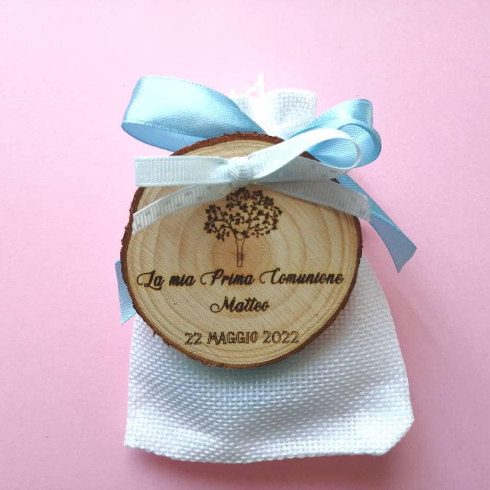 WOODEN TRUNK FIRST COMMUNION favor, customizable favor diameter 5 cm