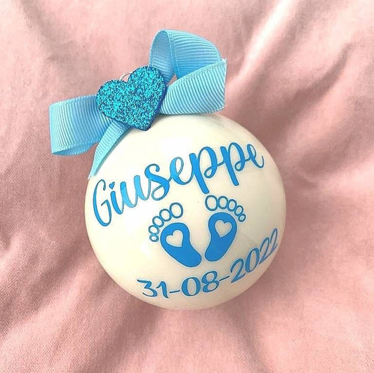 Glass Christmas bauble 8cm Personalized birth Christmas decorations, personalized tree decorations with name of boy/girl and feet