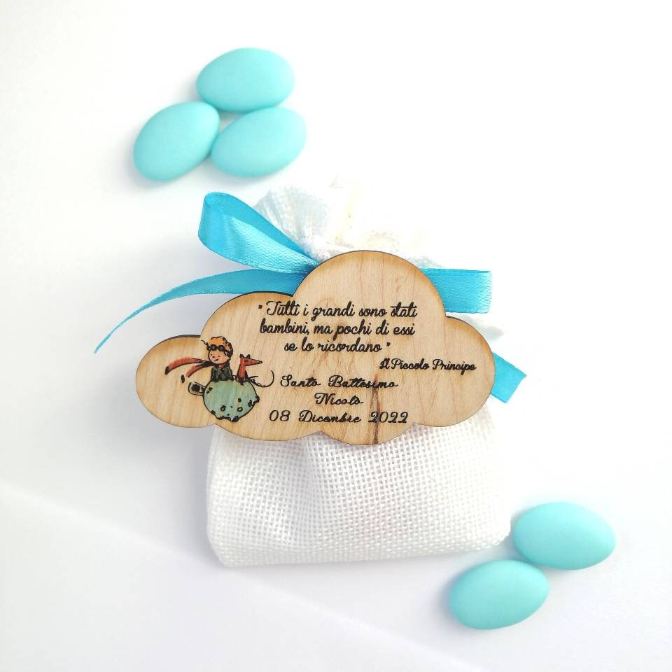 Magnet en bois Petit Prince, faveur personnalisable pour baptême et naissance, sachet dragées bleu clair