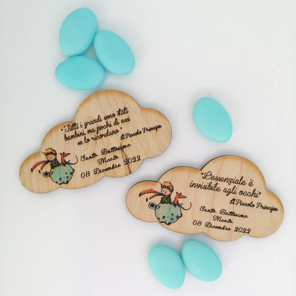 Magnet en bois Petit Prince, faveur personnalisable pour baptême et naissance, sachet dragées bleu clair