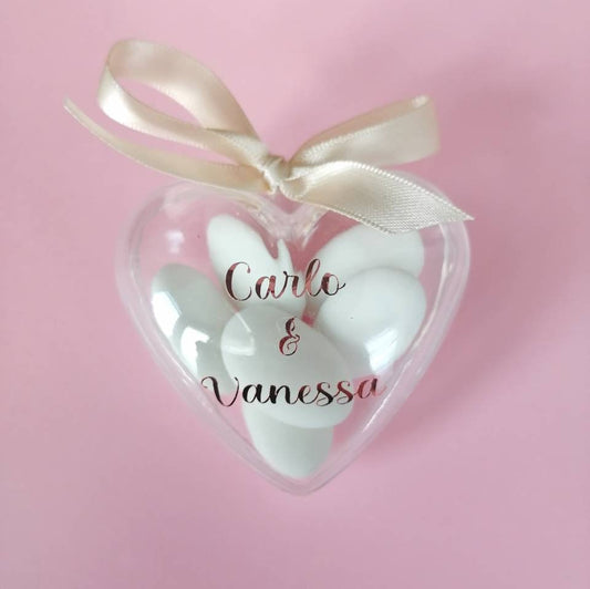 Heart-shaped plexiglass confetti holder placeholder for weddings with names of the couple with sugared almonds 6cm x 6cm Wedding/Marriage/anniversary sugared almonds