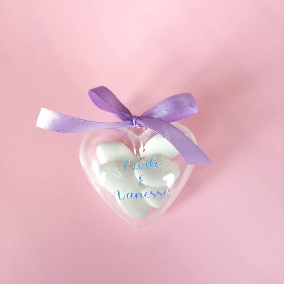 Heart-shaped plexiglass confetti holder placeholder for weddings with names of the couple with sugared almonds 6cm x 6cm Wedding/Marriage/anniversary sugared almonds