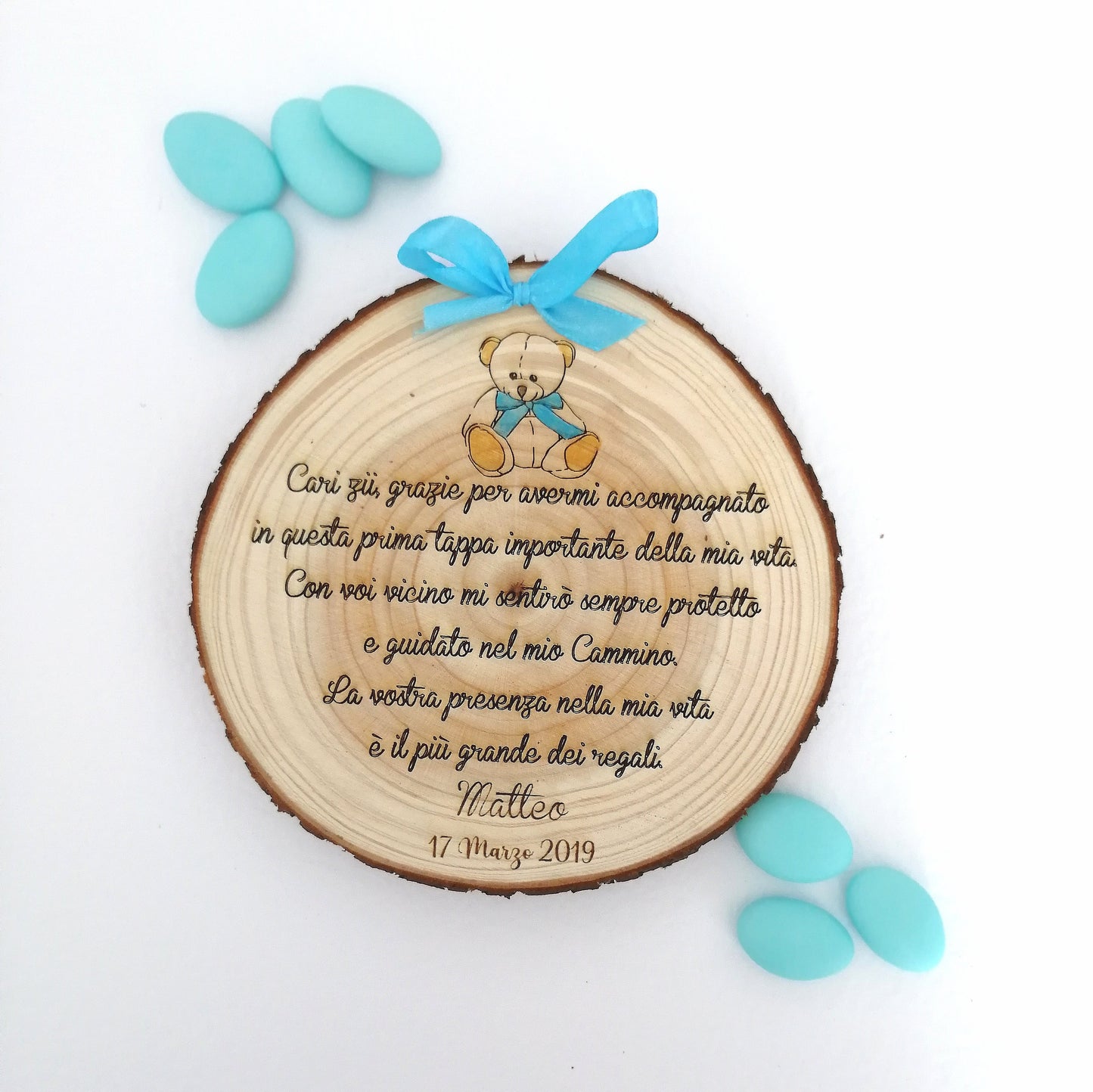 Bonbonnière de mariage pour marraine/parrain Baptême bûche en bois avec ours en peluche avec phrase de dédicace gravure personnalisée diamètre 15 cm idée cadeau