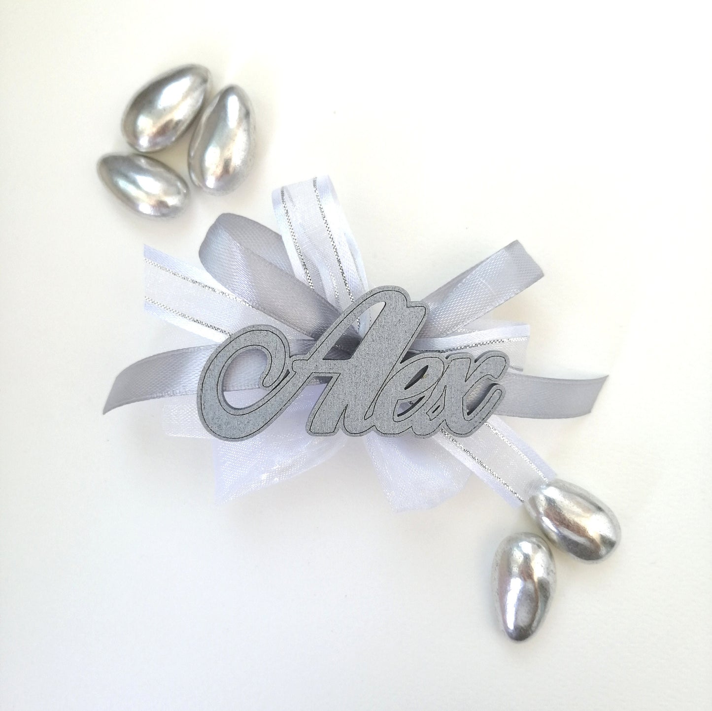 Wedding name placeholder in wood Silver plated table, elegant tableau