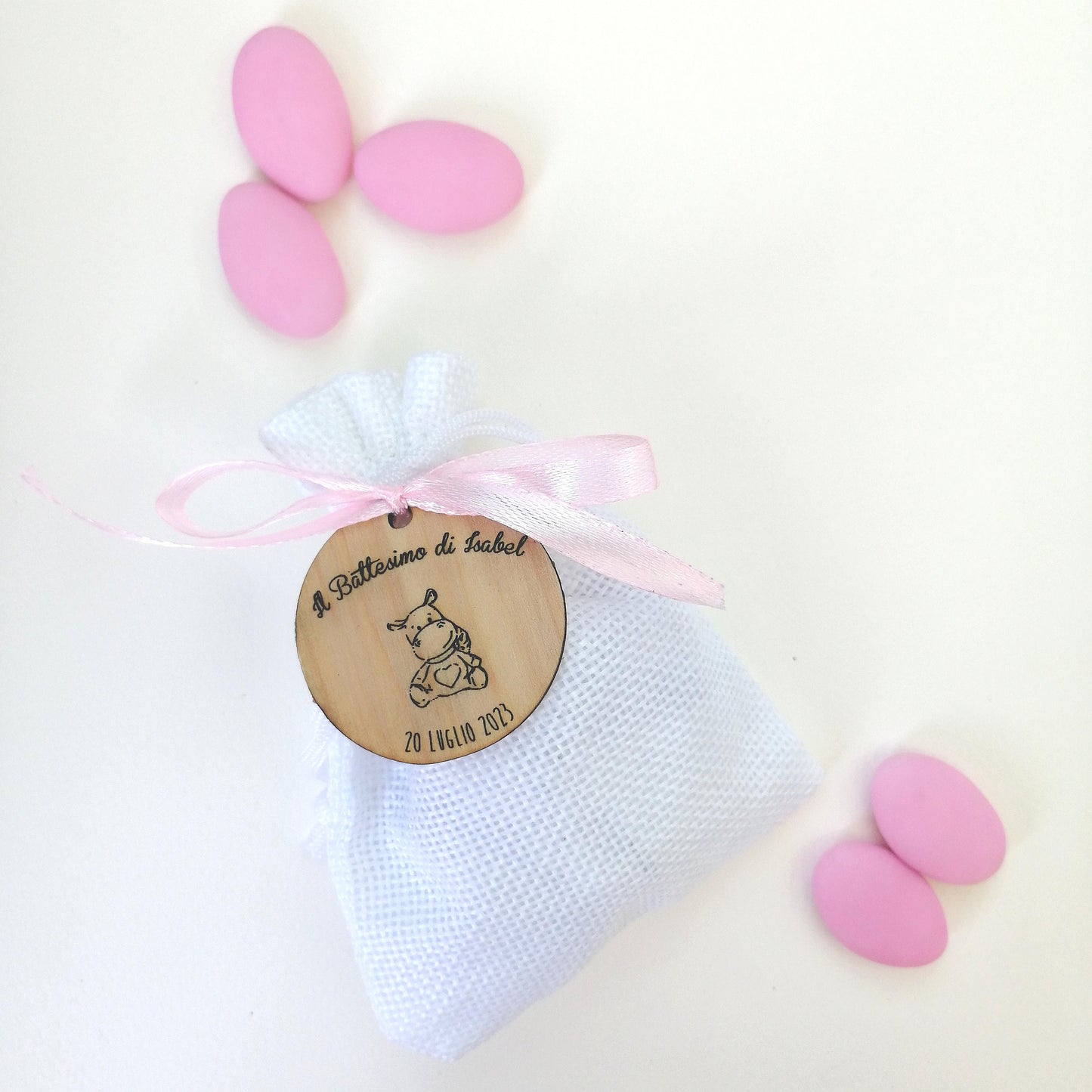 Confetti bag for Birth and Baptism with personalized wooden tag, handcrafted wedding favour