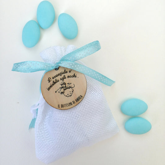 Confetti bag for Birth and Baptism with personalized wooden tag, handcrafted Little Prince favor