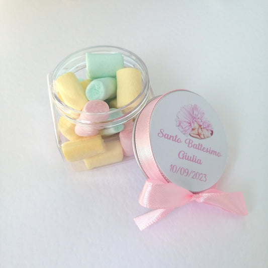 Plexiglass confetti holder with Marshmallow with customizable label 5cm x 5cm Birth Baptism Birthday