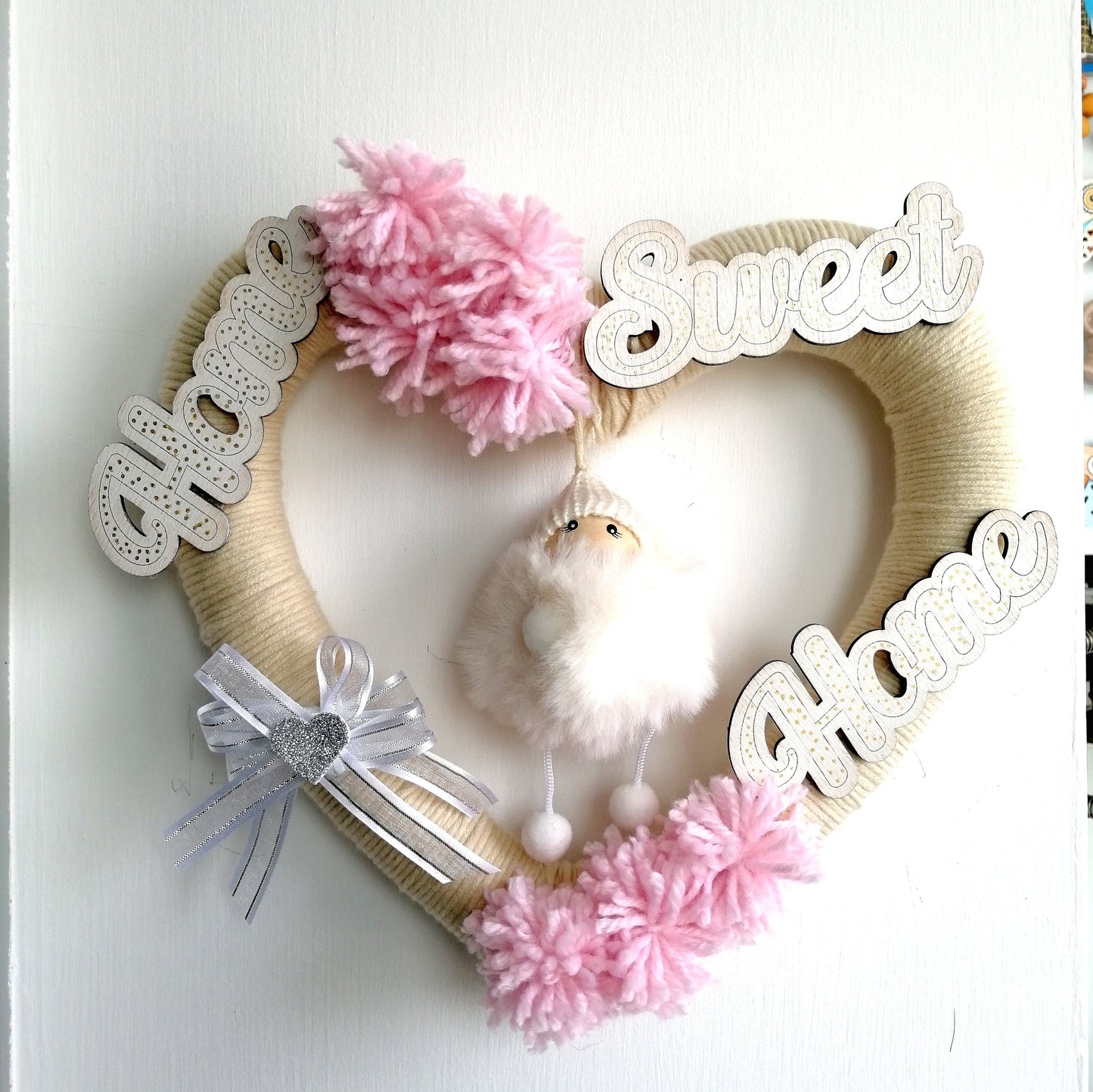 Handcrafted Christmas outdoor wreath decorated by hand in wool and shabby chic wood, doll size 25 cm